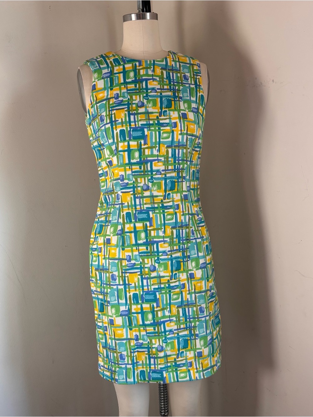 Vintage Sleeveless Geometric Shift Dress in Green & Yellow